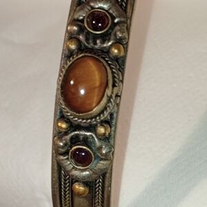 Vintage White Metal Tigers Eye And Purple Gemstone Cuff Bracelet